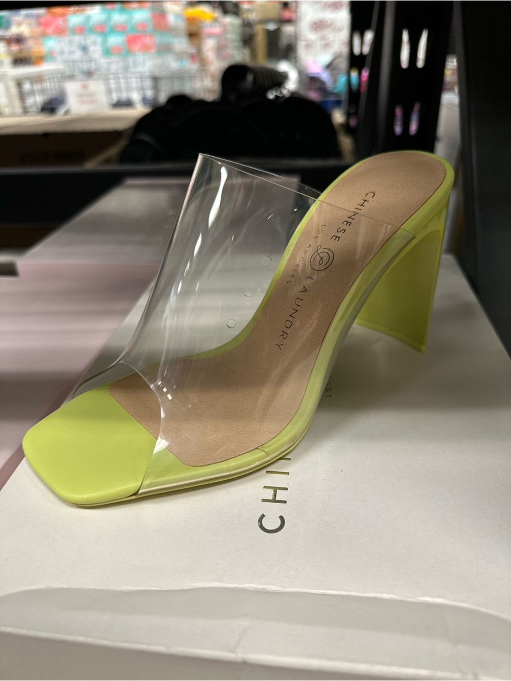 Chinese Laundry Lime Green Clear Strap Mule Heels